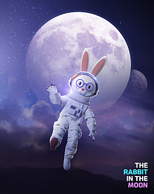 卡通趣味兔子宇航员宇宙星球主视觉KV海报