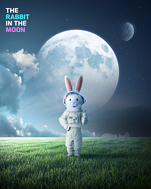 卡通趣味兔子宇航员宇宙星球主视觉KV海报