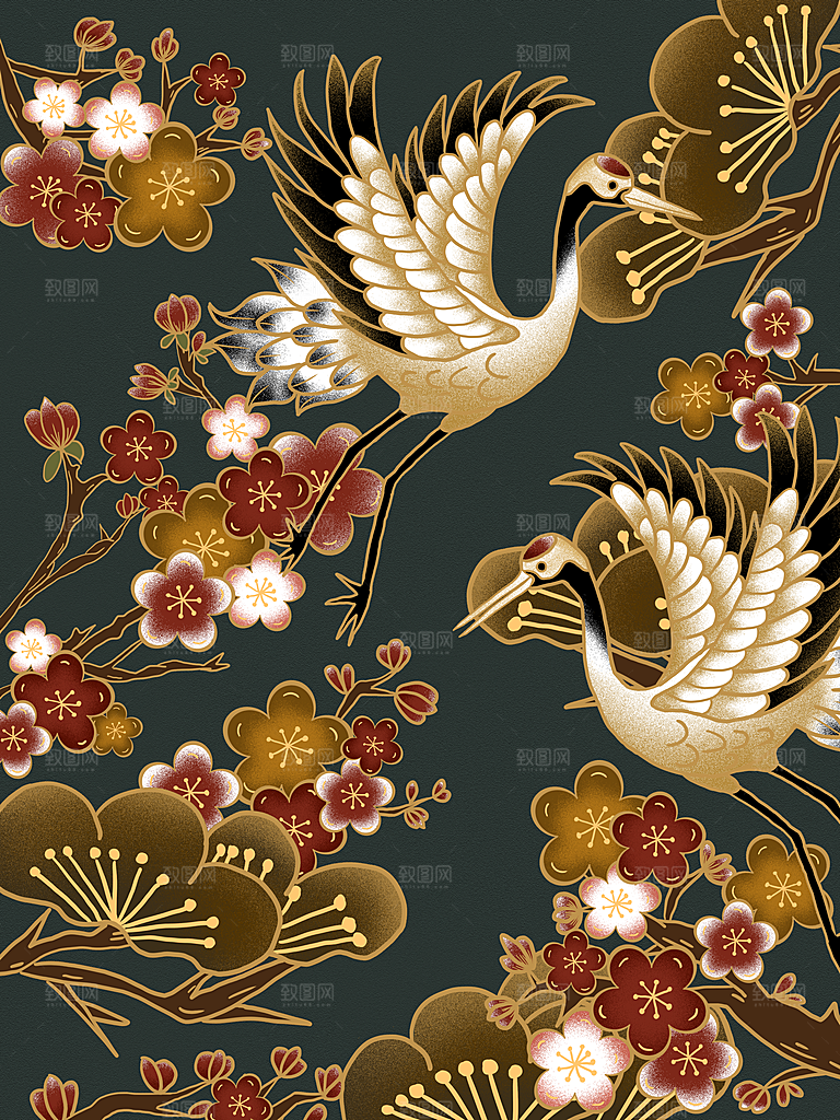 复古国潮中国风梅花仙鹤插画