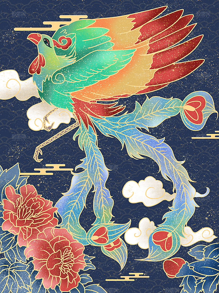 复古国潮中国凤凰牡丹花祥云插画