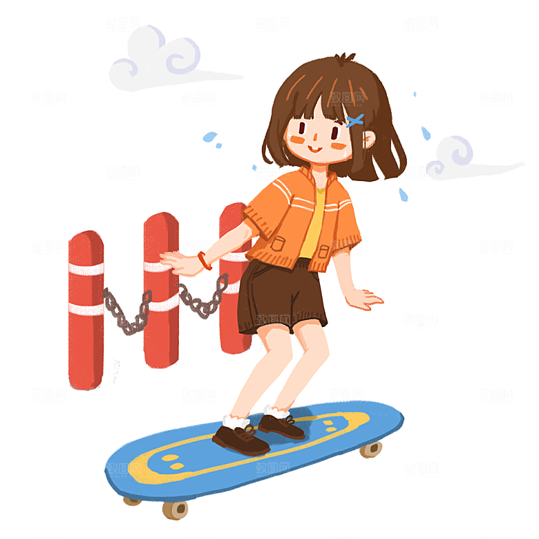 手绘少女滑板车元素
