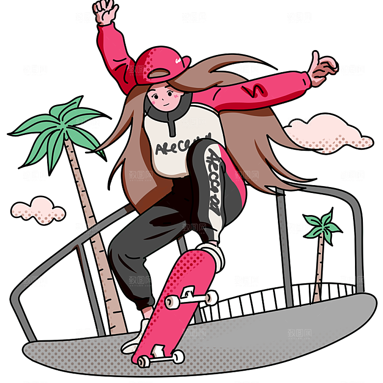 卡通少女滑板车元素