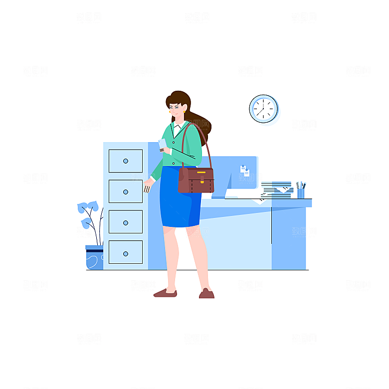 蓝色职场女性办公插画场景