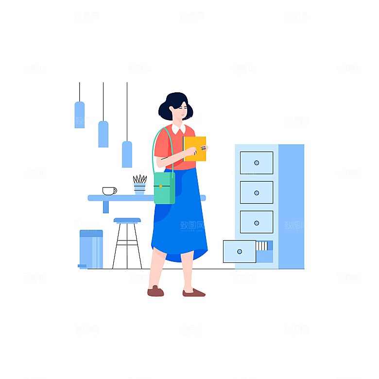 蓝色职场女性办公插画场景