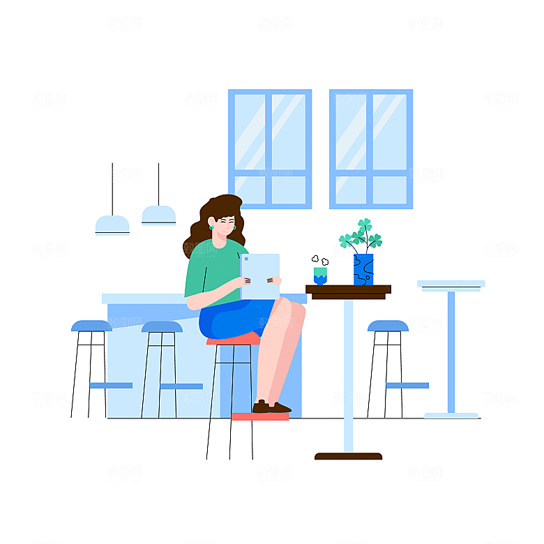 蓝色职场女性办公插画场景