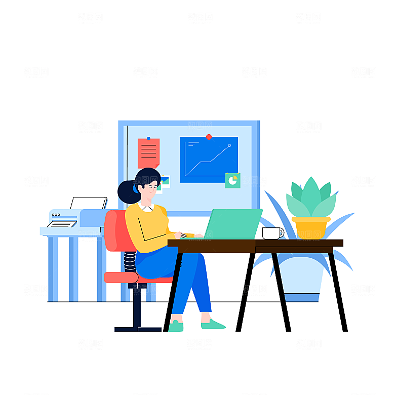 蓝色职场女性办公插画场景