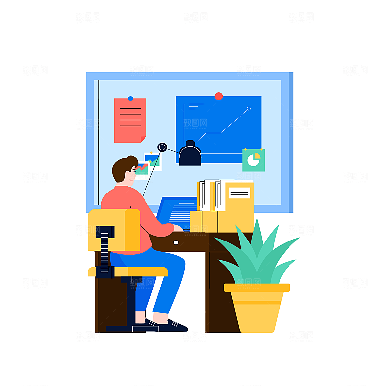 职场男孩办公生活插画场景