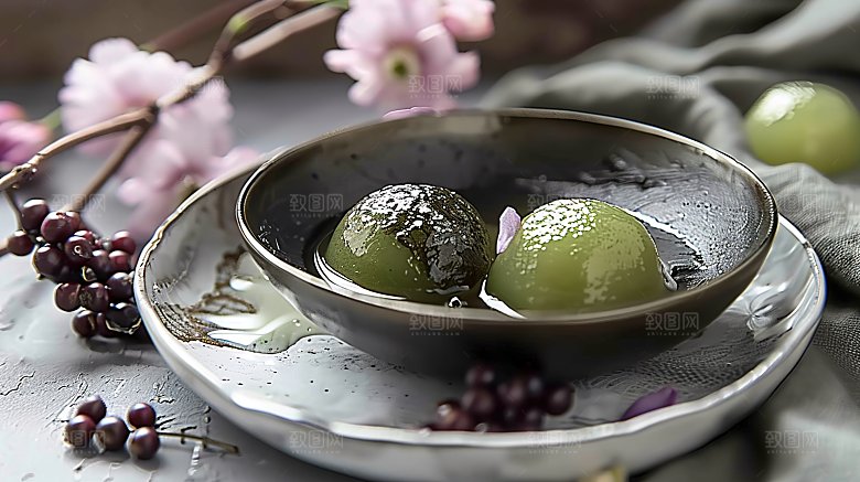 清明艾草传统点心甜食美食青团糕点