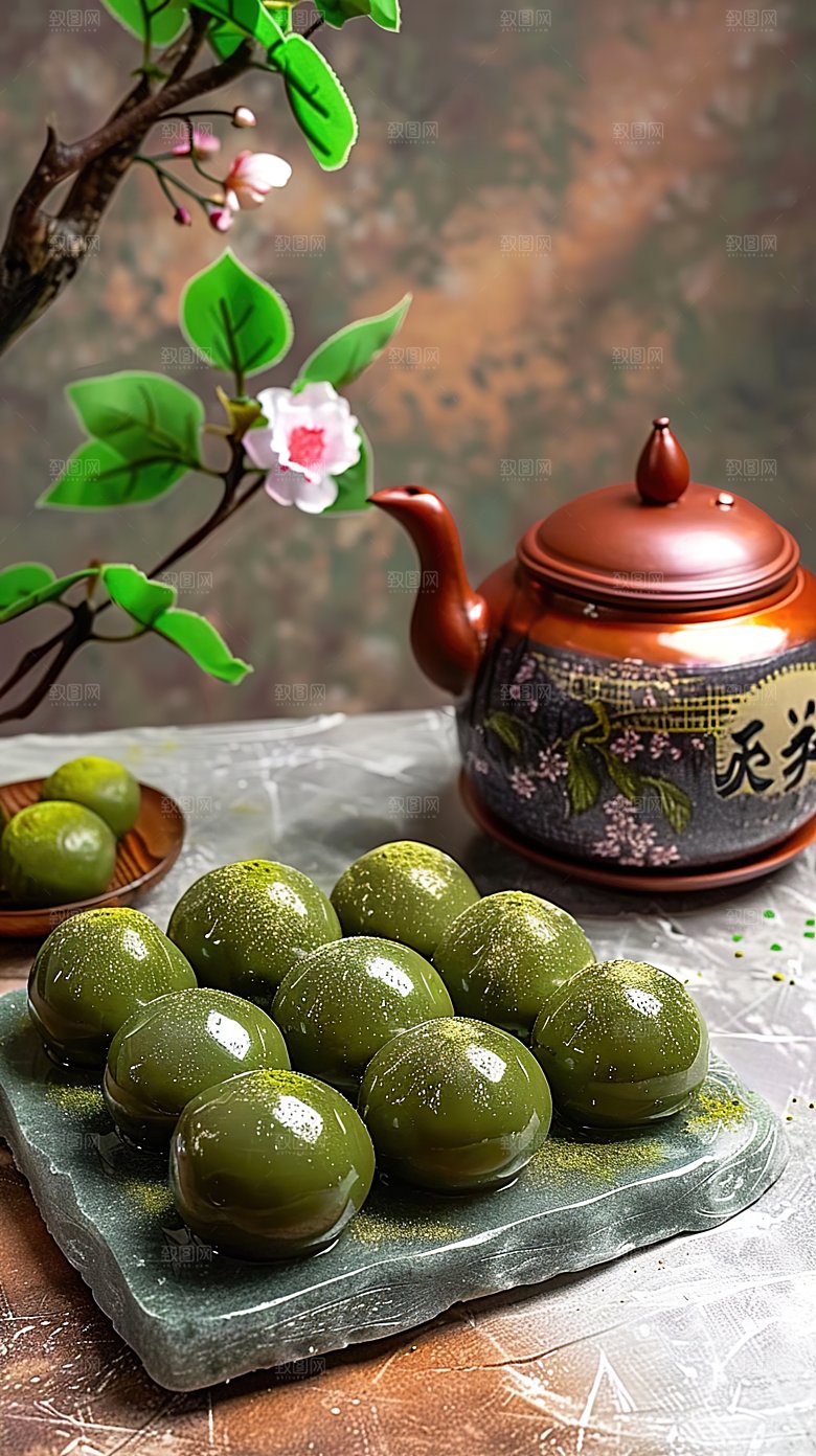 艾草糕点艾叶节日美食传统绿色点心清明青团