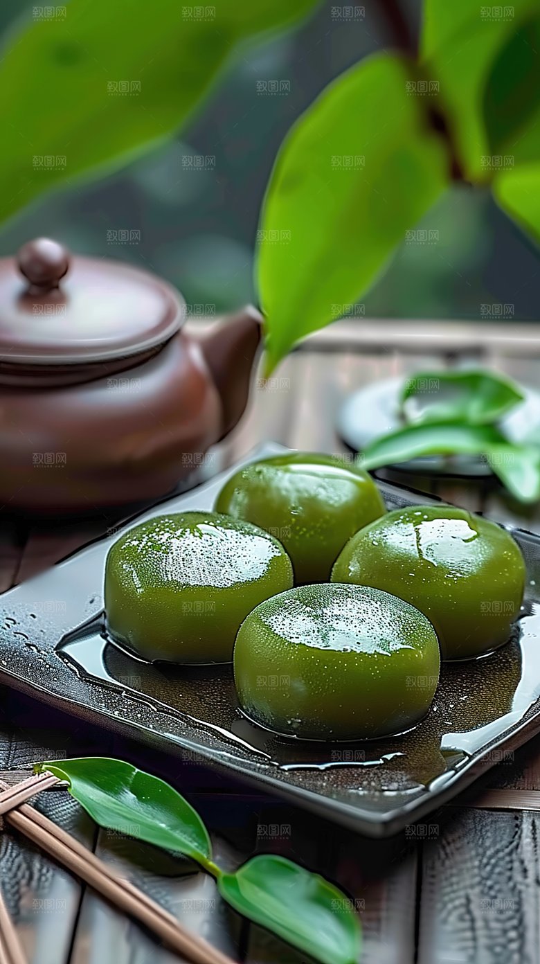 艾草绿色艾叶点心青团美食清明节日传统糕点