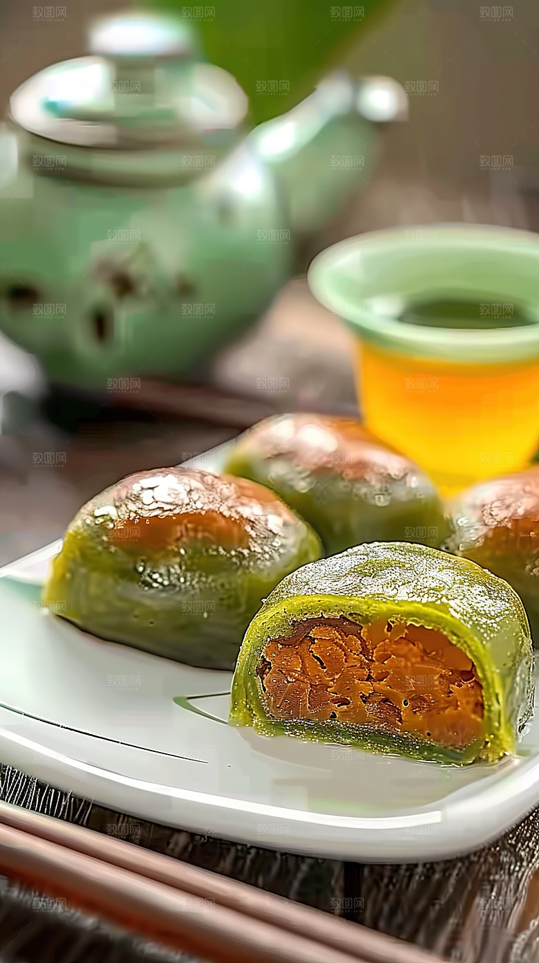 艾叶绿色艾草点心青团传统清明节日糕点美食
