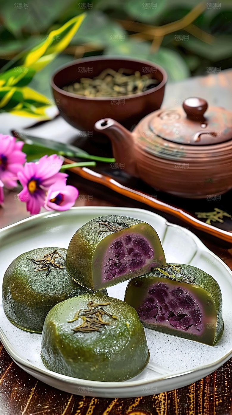 点心艾草节日清明青团糕点传统美食绿色