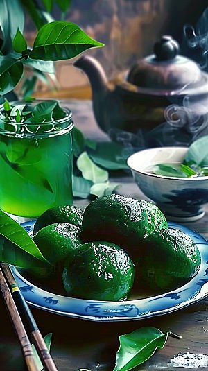 点心艾叶艾草传统美味绿色美食青团节日糕点