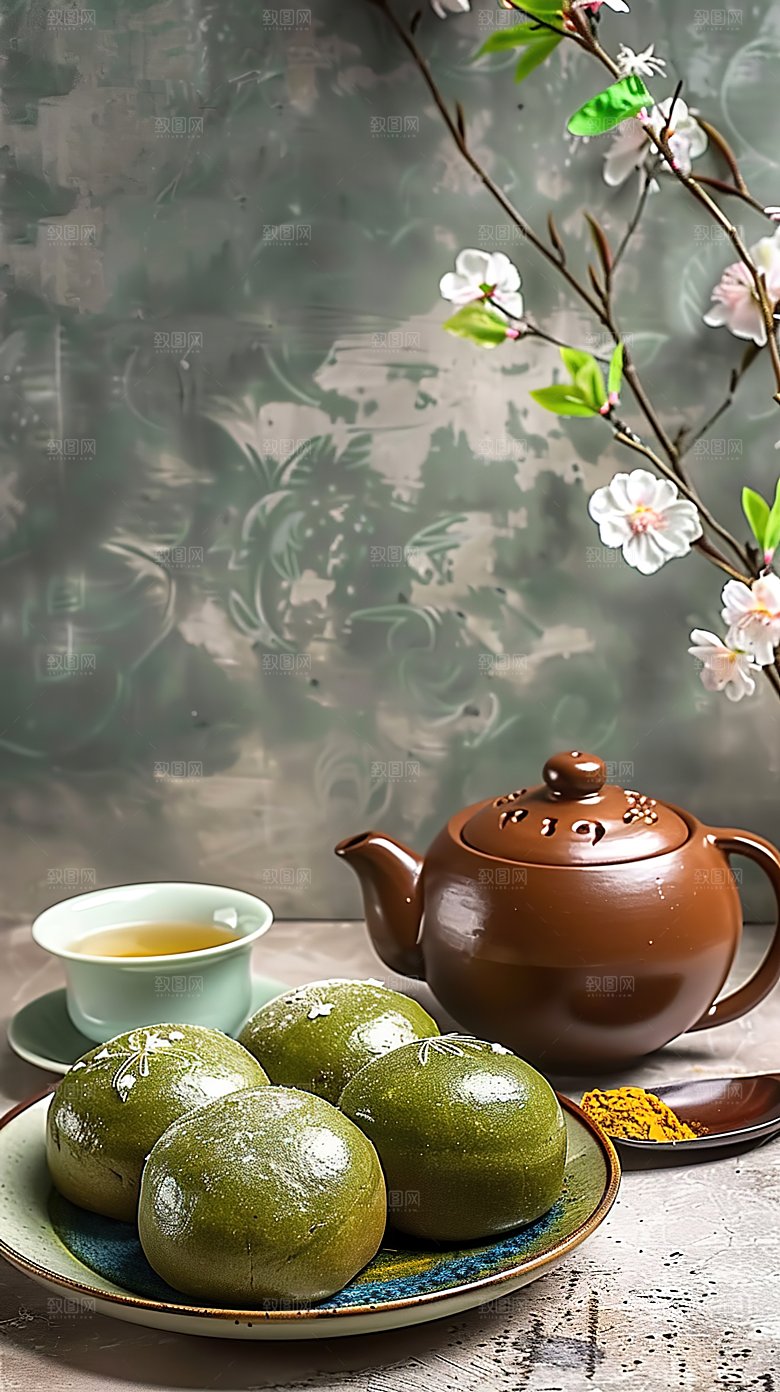 节日艾草绿色点心糕点青团艾叶清明传统美食