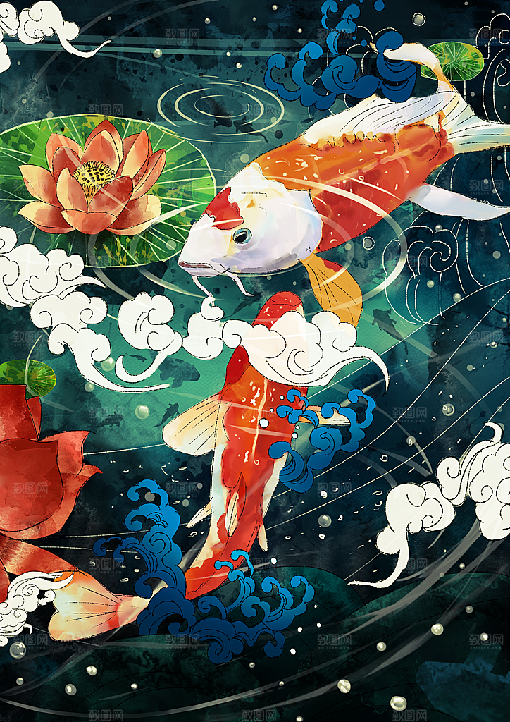 国潮中国风之鲤鱼仙鹤插画