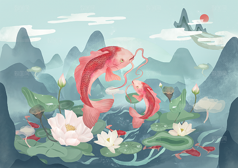 鲤鱼插画国潮中国风插画