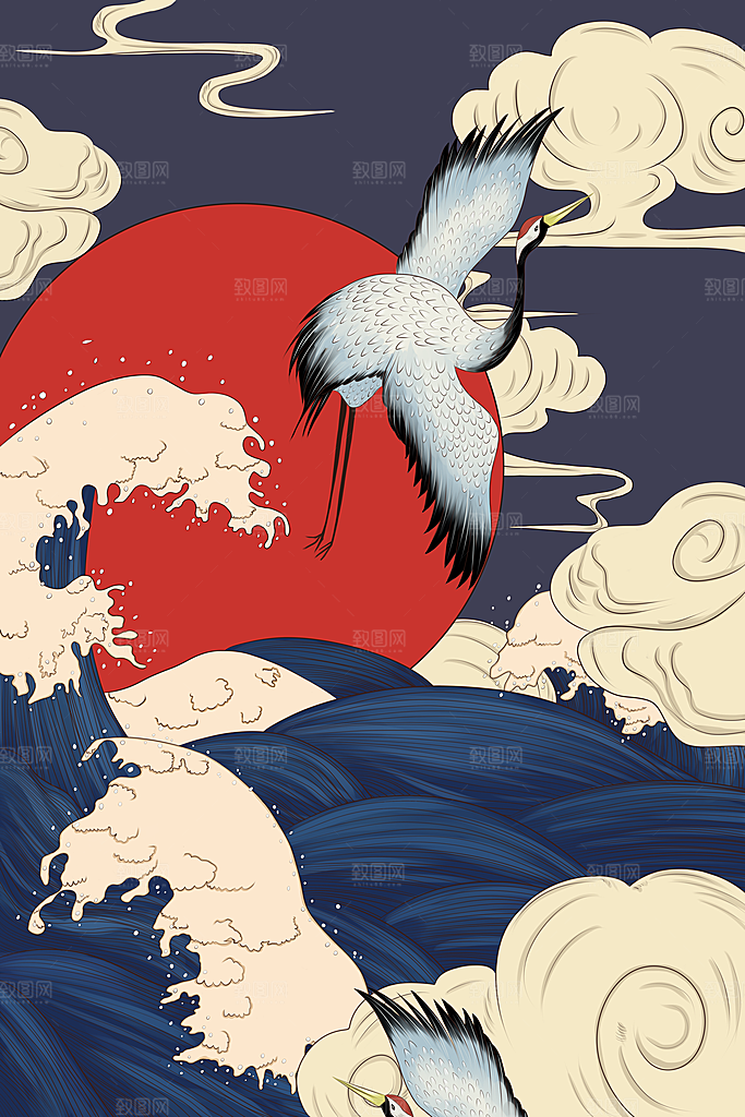 仙鹤国潮中国风插画