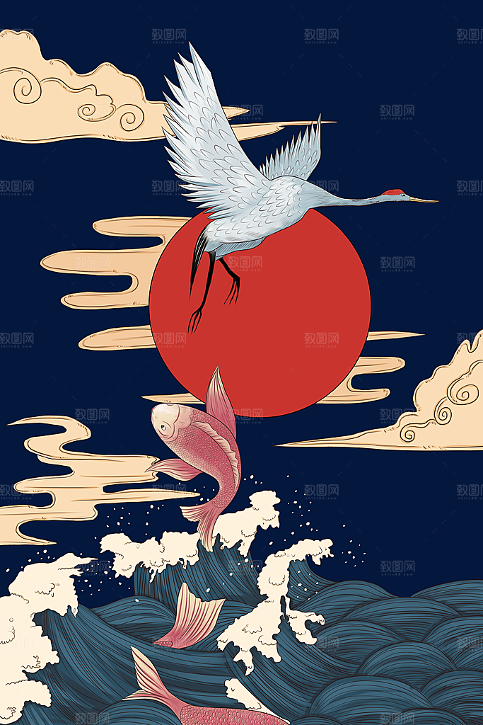 仙鹤国潮中国风插画