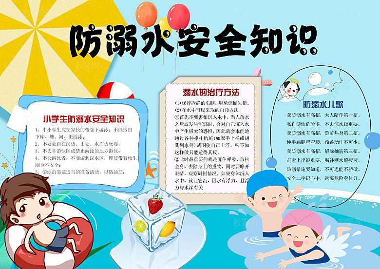 夏季游泳卡通防溺水word小报