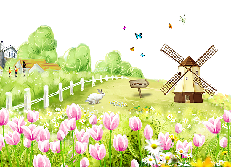 卡通手绘郁金香花朵花卉背景PNG免抠元素