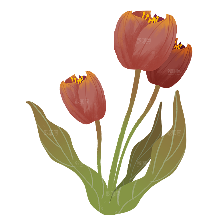 卡通手绘郁金香花朵花卉背景PNG免抠元素