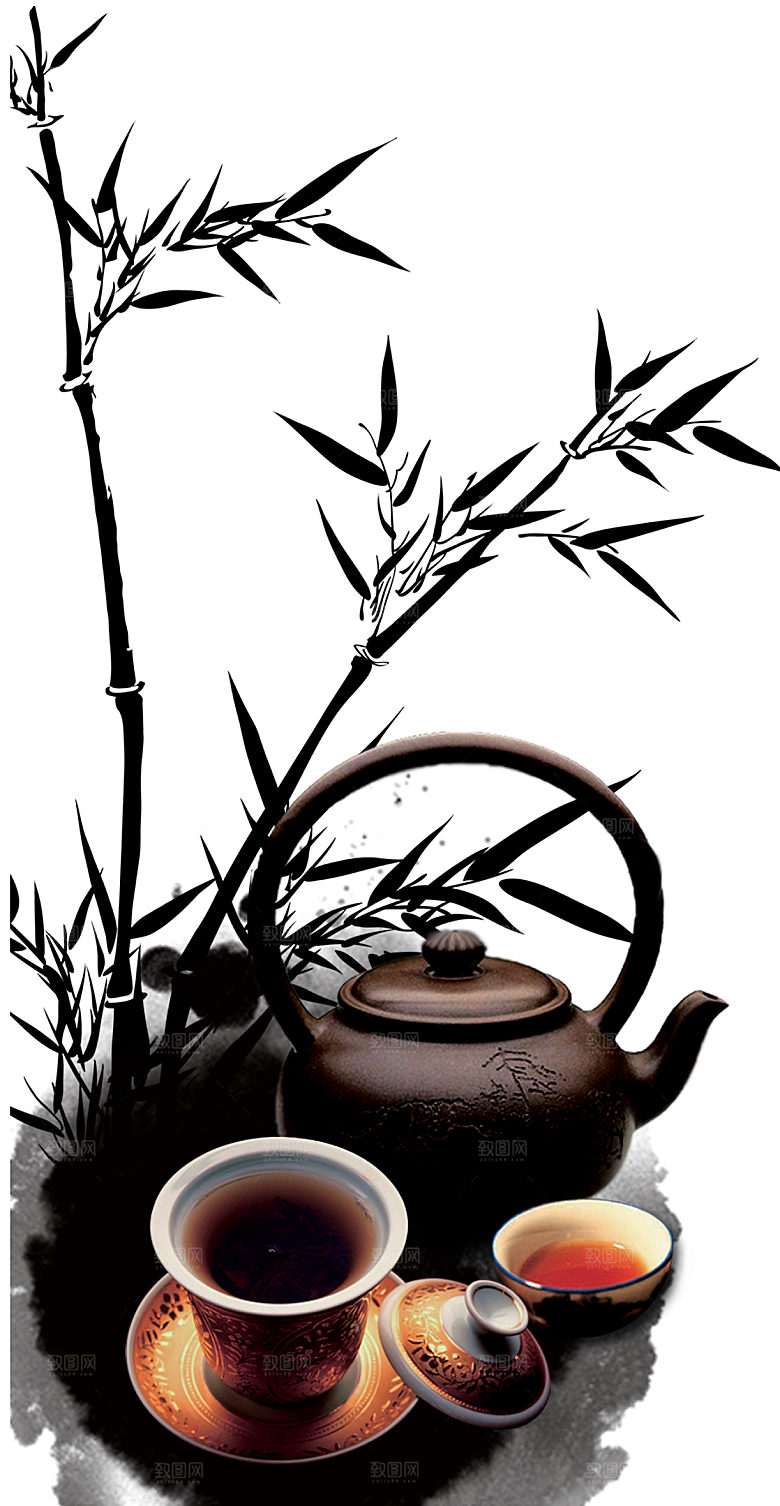 中国风黑色水墨山水竹子竹叶PNG水墨素材