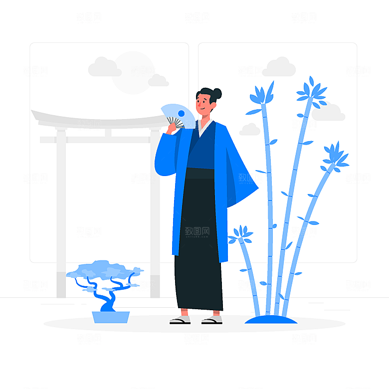 蓝色旅行旅游男孩场景插画