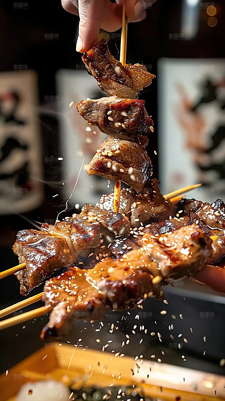牛肉鲜嫩美味串串飘香烧烤多汁羊肉美食烤肉