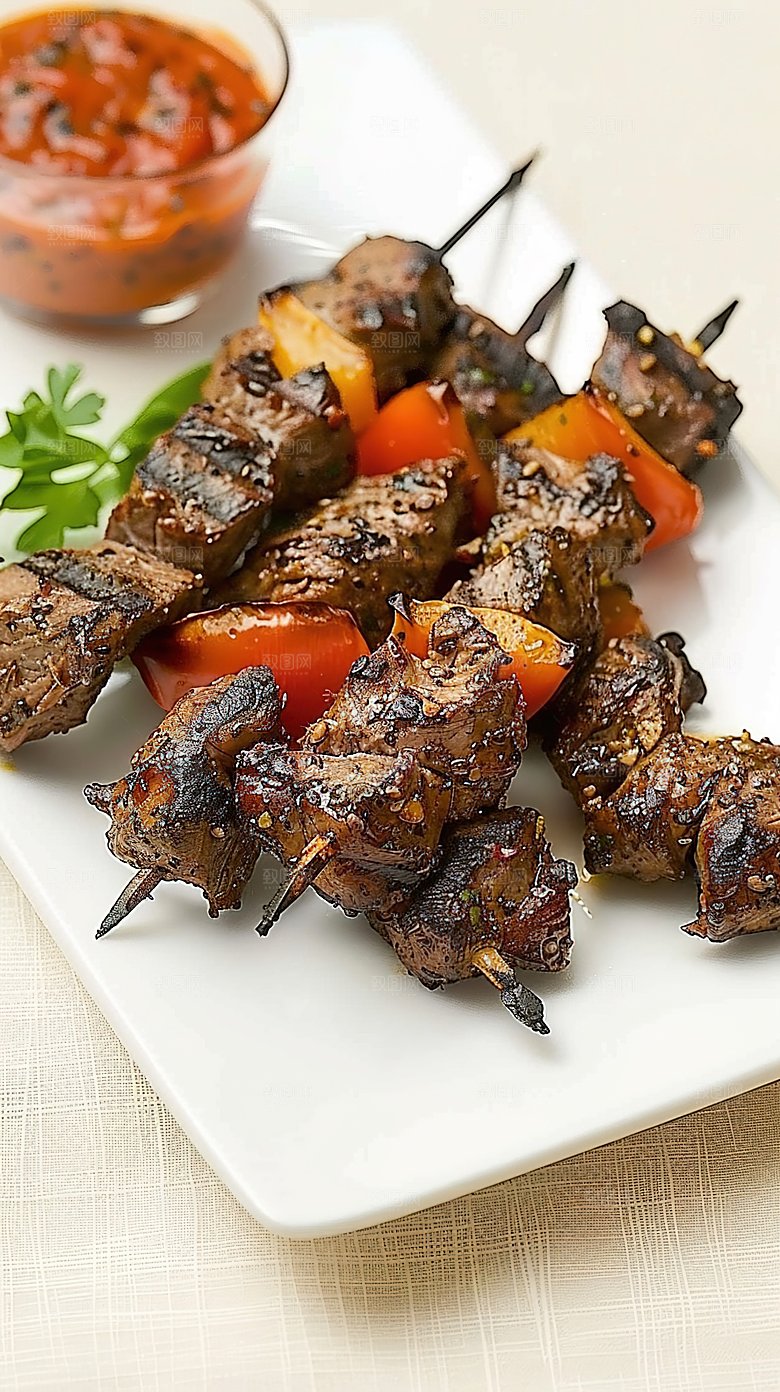 牛肉羊肉烤串香辣多汁美食烧烤烤肉肉类美味