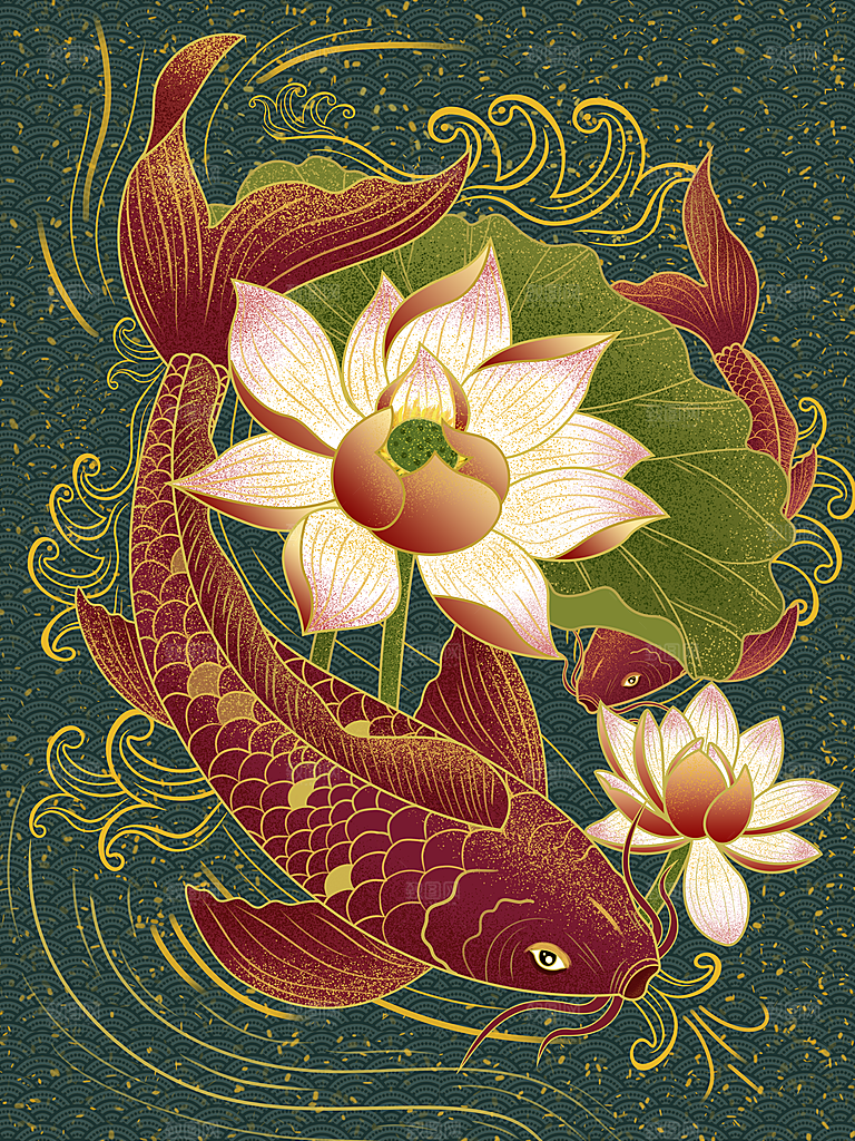 原创中国复古国潮金鱼荷花插画
