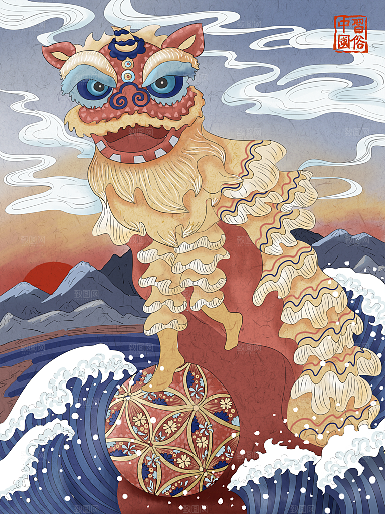 中国风插画地方习俗绣球喜庆红色