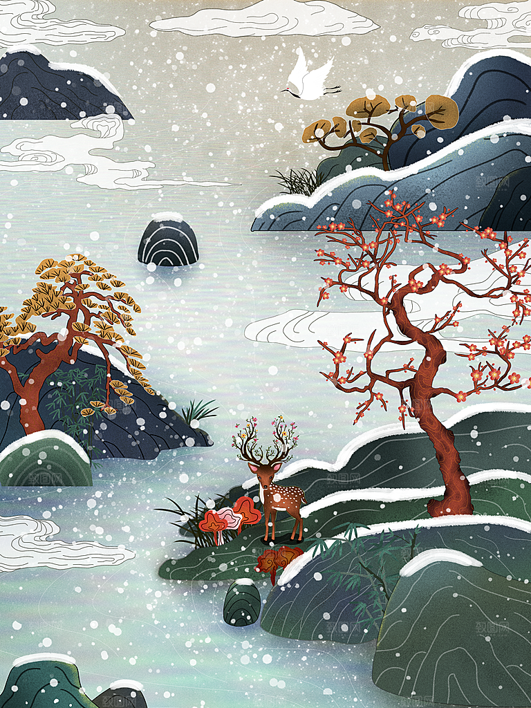 中国风冬季复古水墨梅花插画