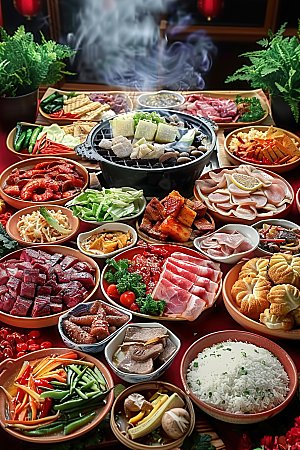 美食鲜香蔬菜传统火锅美味麻辣中国高清肉类