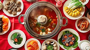 美食中国传统鲜香肉类麻辣蔬菜火锅美味
