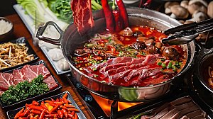 美味火锅高清传统麻辣中国肉类蔬菜鲜香美食