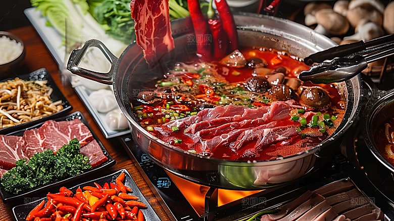 美味火锅高清传统麻辣中国肉类蔬菜鲜香美食