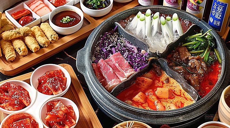 鲜香中国传统麻辣美味高清火锅蔬菜美食肉类
