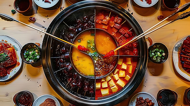 鲜香中国肉类传统麻辣火锅蔬菜美食美味