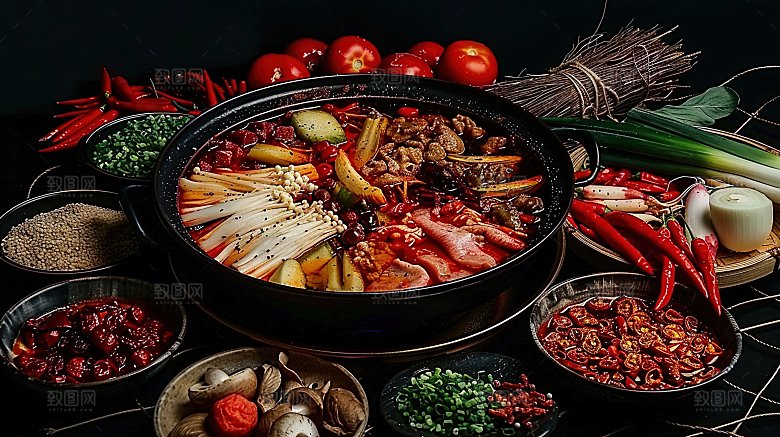 鲜香重庆美食麻辣传统肉类火锅美味蔬菜