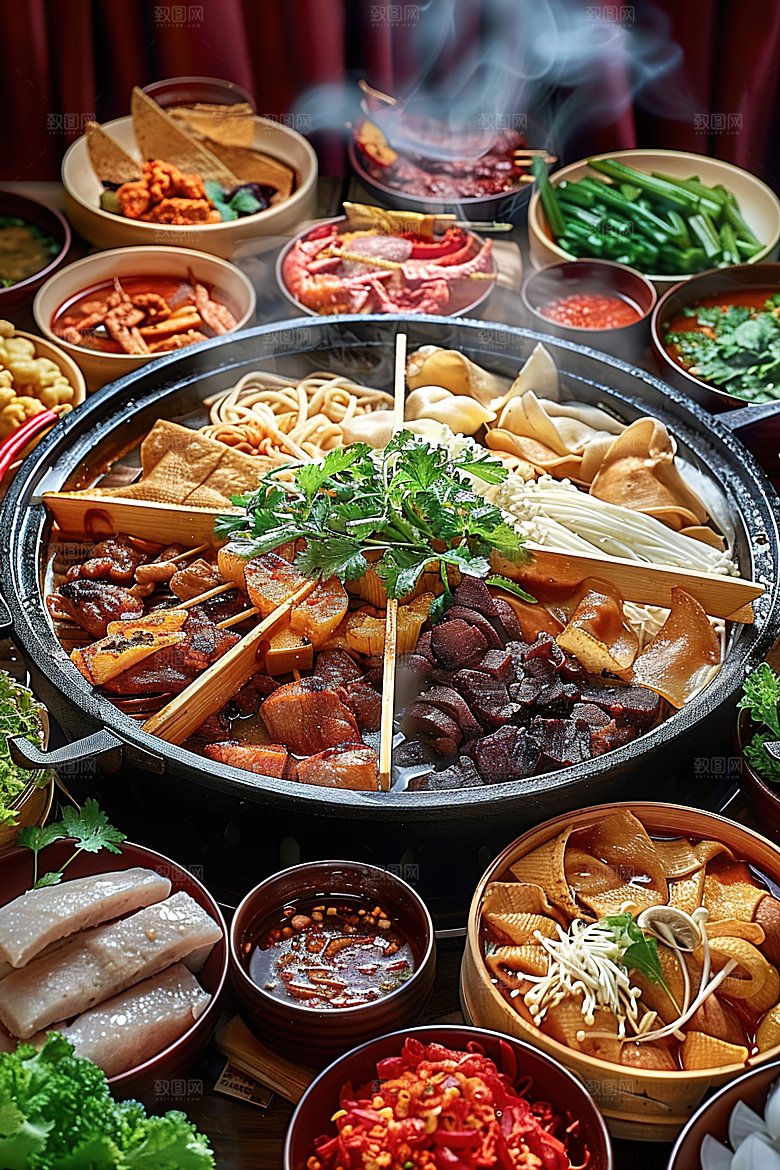 火锅中国传统蔬菜高清鲜香肉类麻辣美食美味