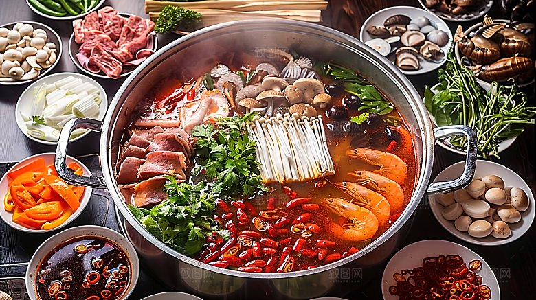 火锅中国传统蔬菜高清鲜香肉类麻辣美食美味