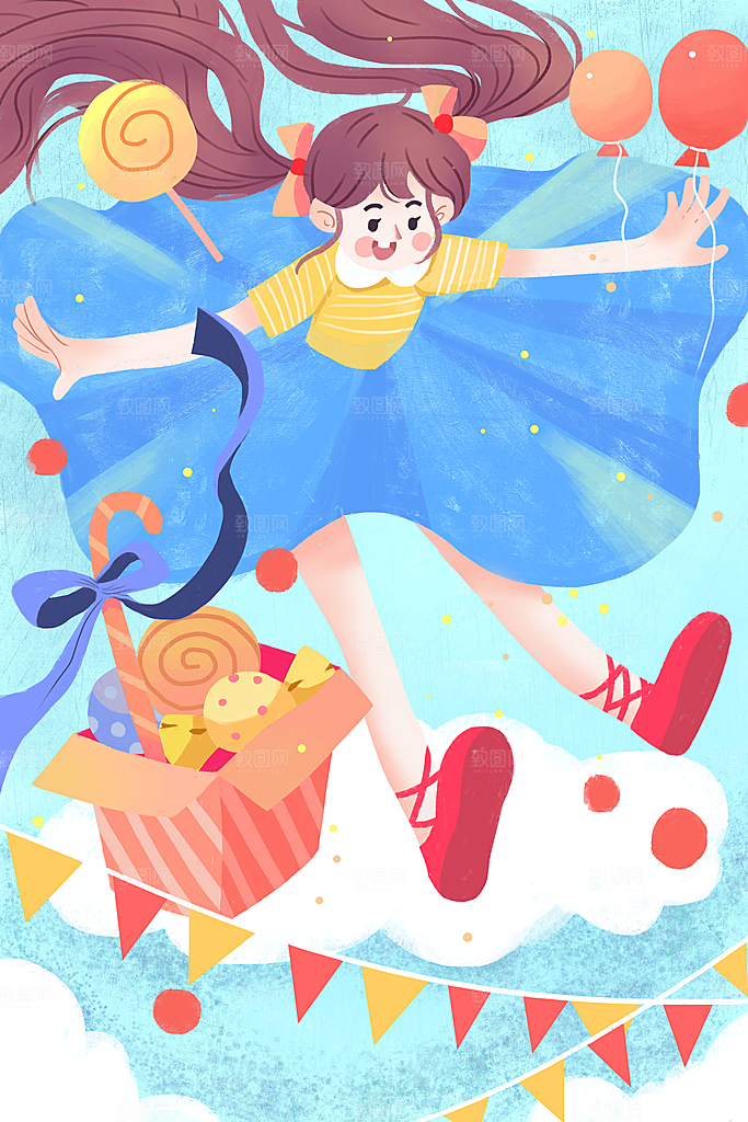 卡通六一儿童节童年快乐手绘插画