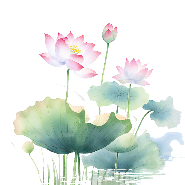 唯美古风水彩手绘荷花荷叶古典水墨莲花素材