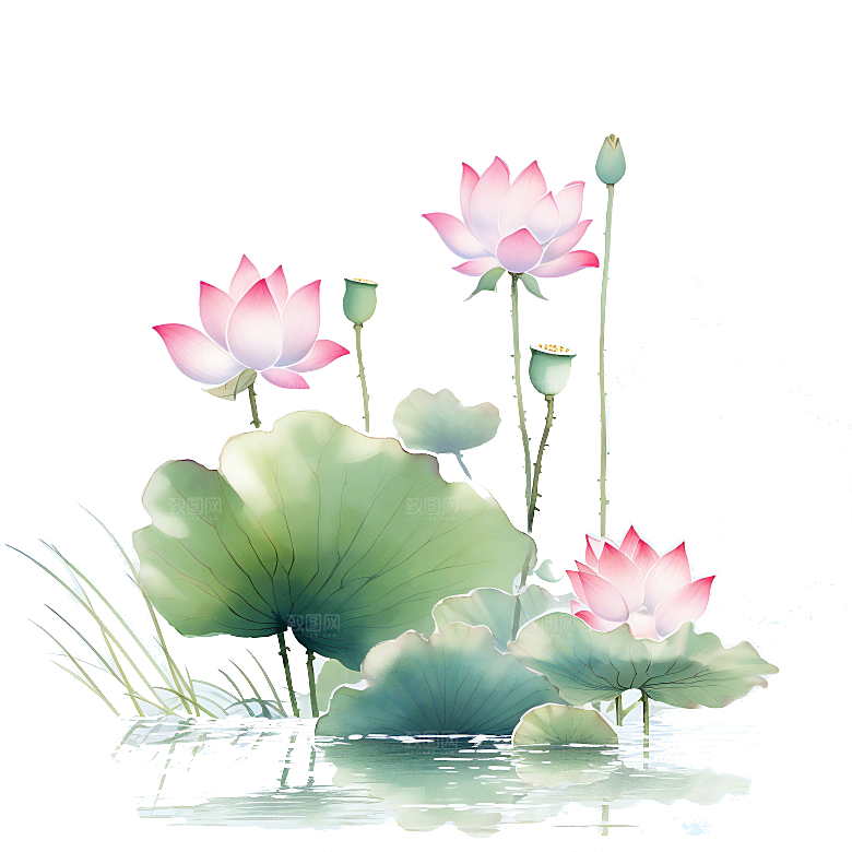 唯美古风水彩手绘荷花荷叶古典水墨莲花素材