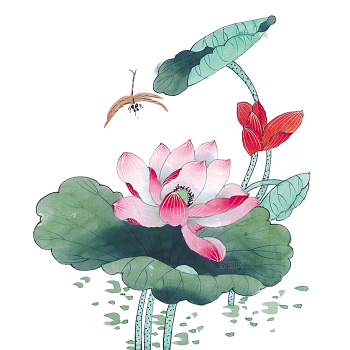 唯美古风水彩手绘荷花荷叶古典水墨莲花素材