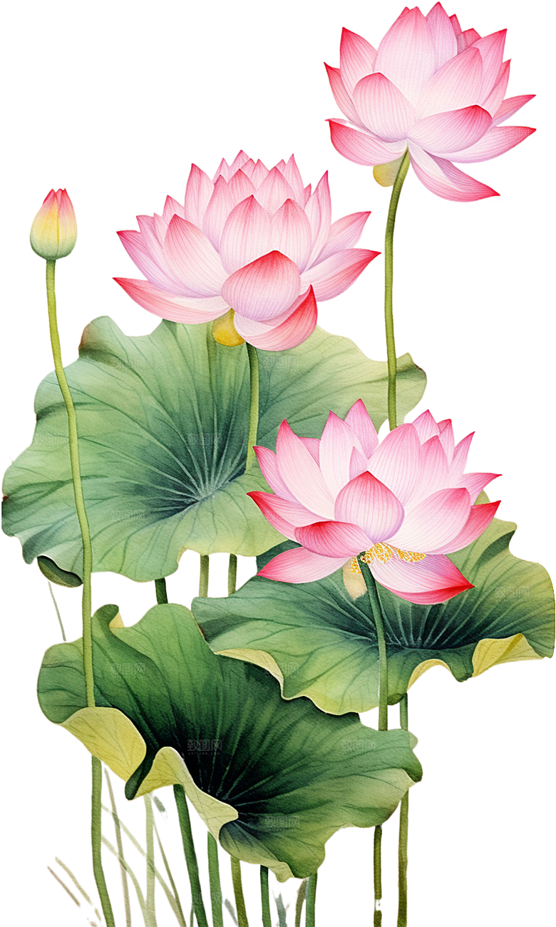 唯美古风水彩手绘荷花荷叶古典水墨莲花素材