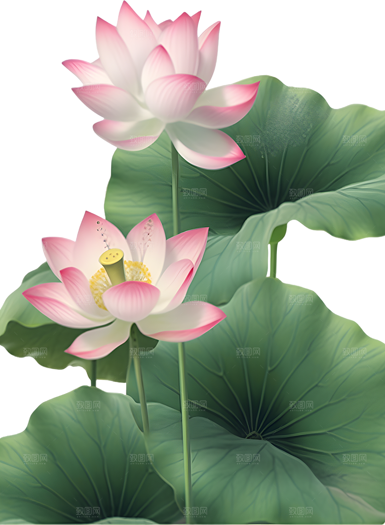唯美古风水彩手绘荷花荷叶古典水墨莲花素材