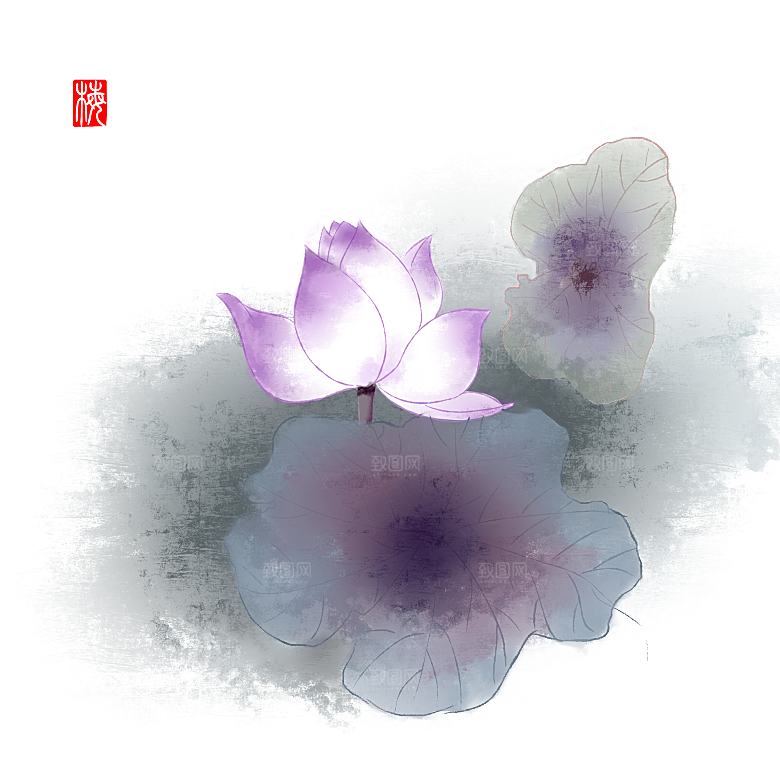 唯美古风水彩手绘荷花荷叶古典水墨莲花元素