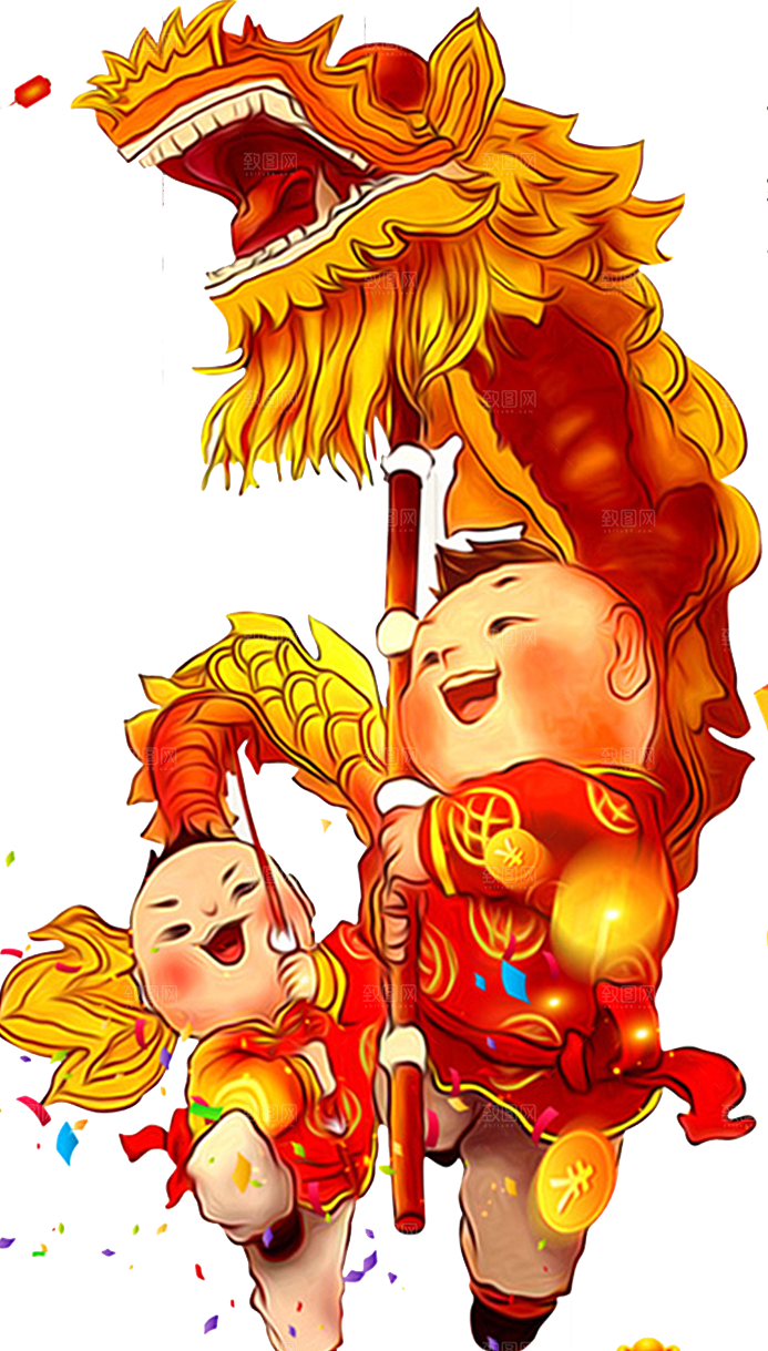 手绘卡通喜庆节日舞龙舞狮PNG免抠素材
