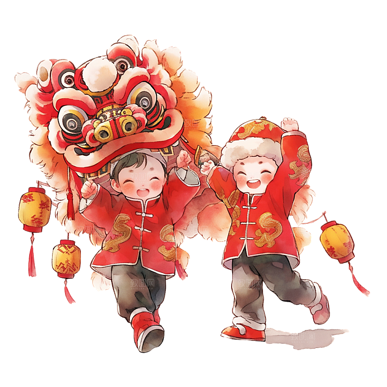 手绘卡通喜庆节日舞龙舞狮PNG免抠素材